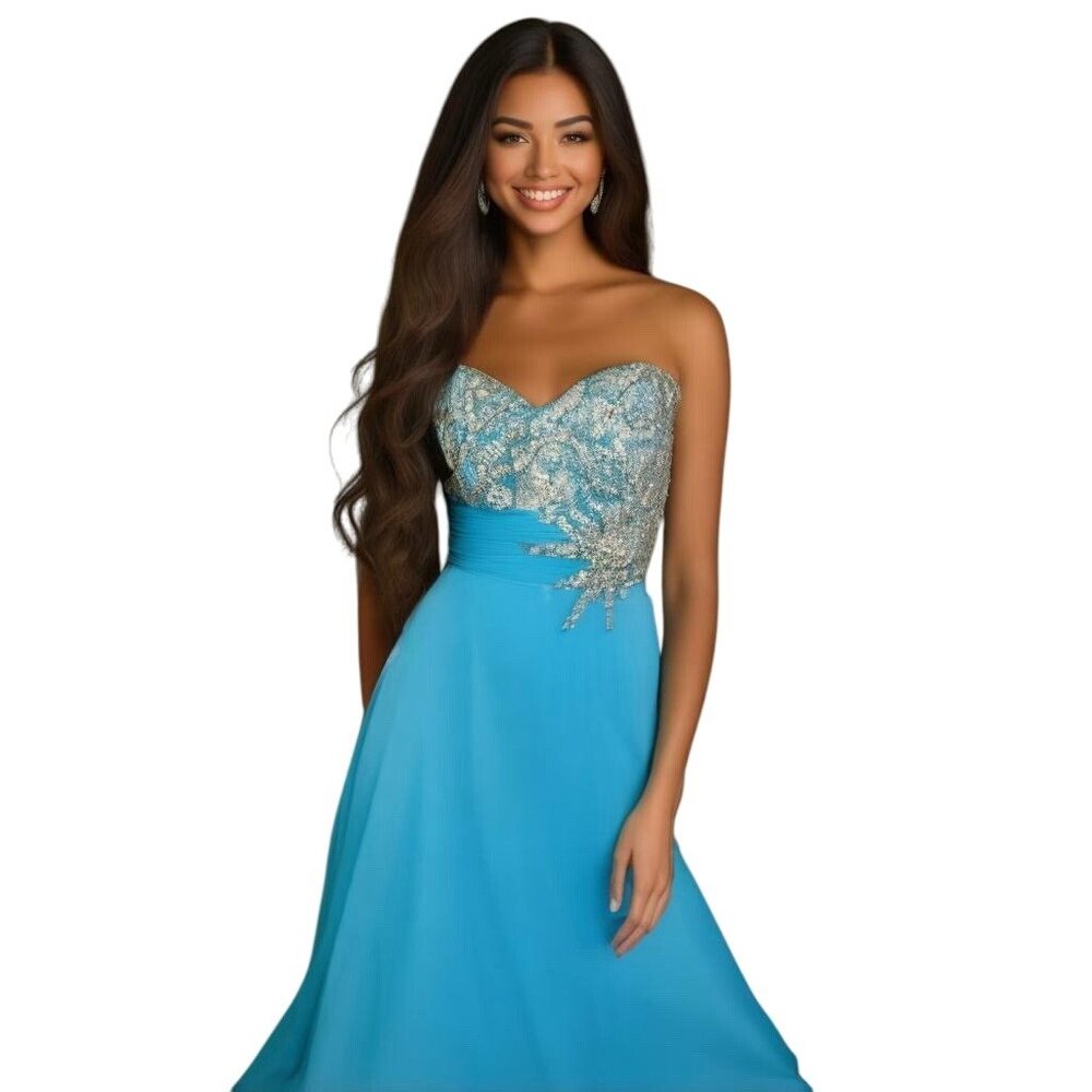 Tony Bowls Strapless Sweetheart Neck  Jeweled Chiffon Gown 6 Blue Prom Pageant